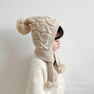 Children's Hat and Scarf Integrated Autumn and Winter Baby's Wool Pullover Cap Korean Style Thickened Warm Ear Protection Cap for Boys and Girls