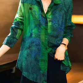 现货 欧洲站女装印花衬衫时尚洋气宽松衬衣通勤长袖OL上衣女欧货