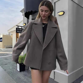 欧美外贸2024秋季时尚短款夹克气质优雅双排扣翻领长袖西装呢外套