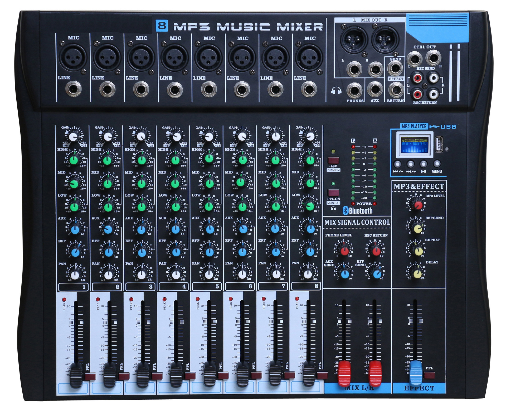 Profesional de 8 vías mezclador multi-formato MP3 con Bluetooth karaoke etapa profesional sintonizador fábrica al por mayor