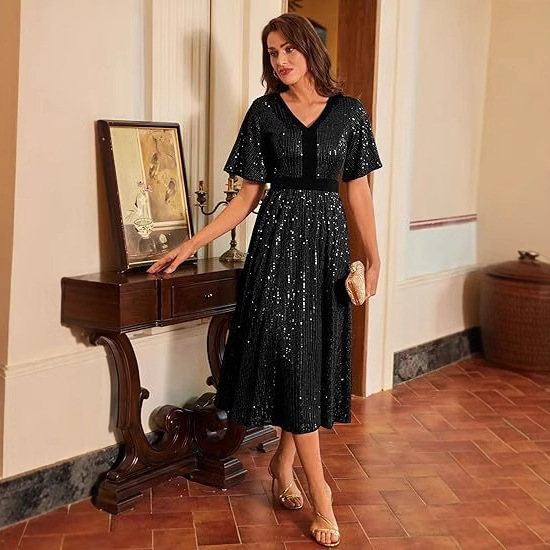 Women's Sequined V-Neck Pleated Sleeve High-Waist Shiny A-Line Cocktail Formal Dress 2026 New Wholesale