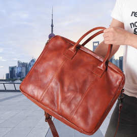 复古真皮男士手提公文包植鞣皮单肩斜挎背包牛皮多隔层商务电脑包