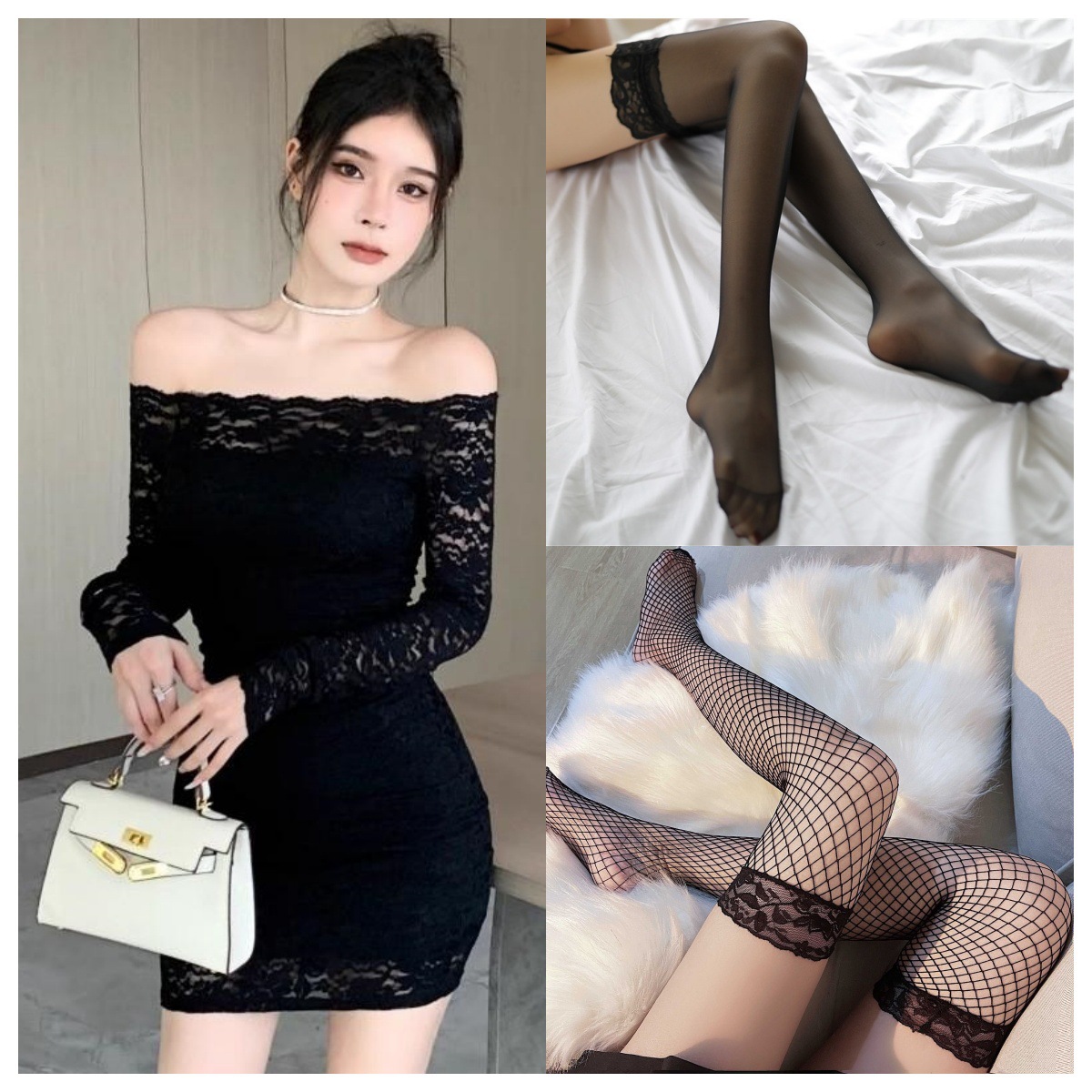 블랙 드레스 + 블랙 스타킹 + 블랙 망사 스타킹