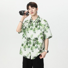 2025新款夏威夷椰树印花上衣短袖衬衫男夏季潮牌宽松情侣沙滩衬衣
