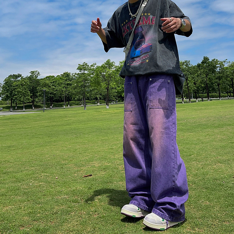 2022 new purple jeans High Street American street fashion brand hip hop retro straight wide leg loose trousers men