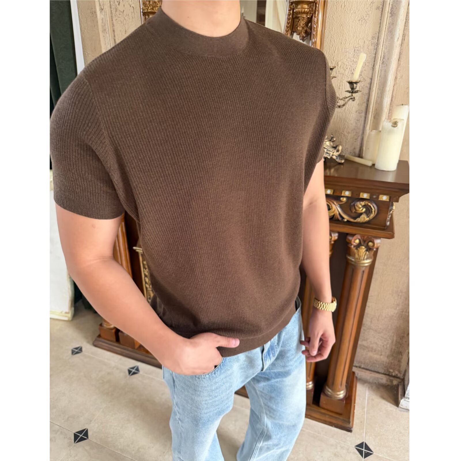Camiseta de punto de manga corta camiseta textural hombre viejo estilo de hielo alto traje de verano de seda interior fábrica transfronteriza al por mayor