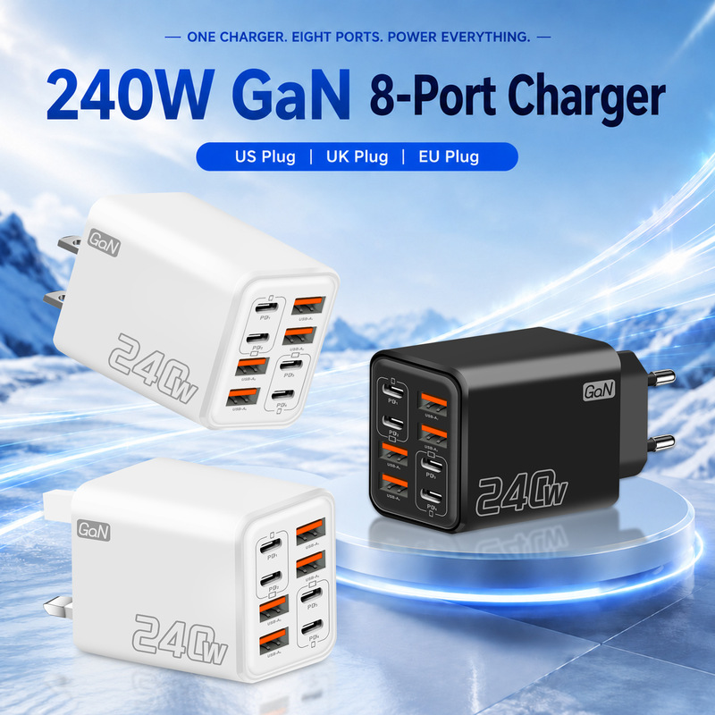 240W multi-port charger PD fast charging 4USB+4Type-C European and American UK standard mobile phone charger 4.1A adapter