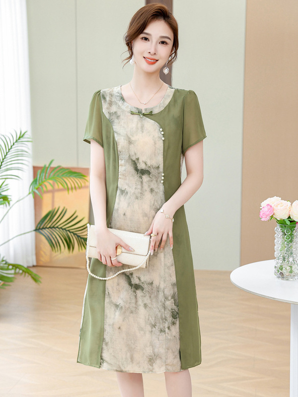 新款气质中老年夏季国风长款连衣裙子新中式妈妈夏装女减龄连衣裙|undefined