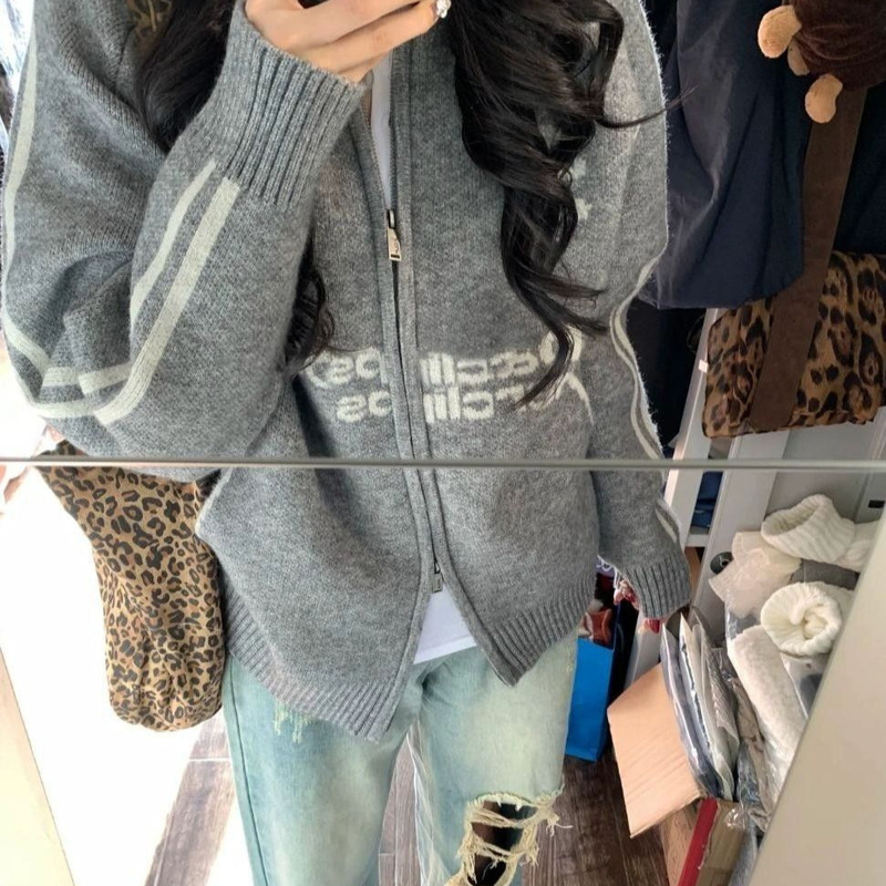 绵羊绒#棒球风翻领拉链毛衣开衫女外套秋冬季韩版宽松针织衫女潮|undefined