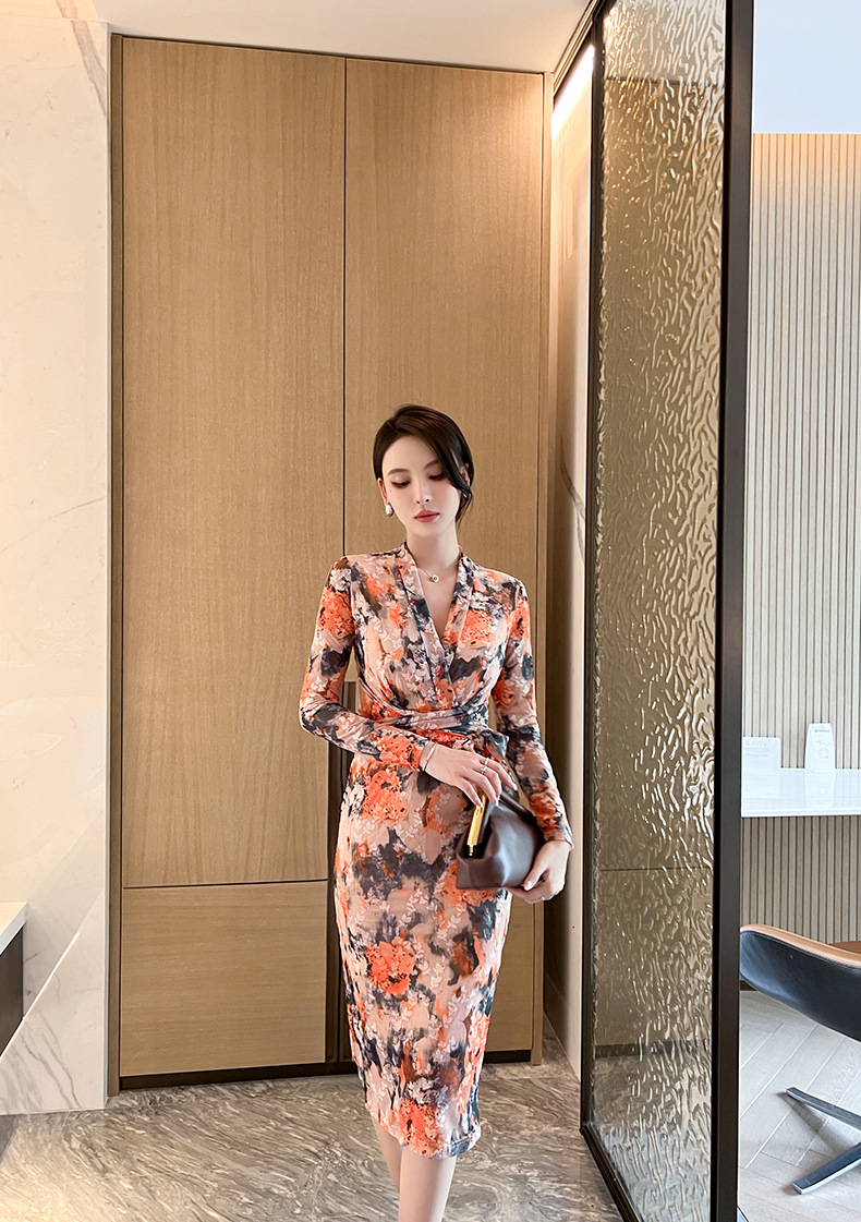 Đầm ôm body nữ dáng dài họa tiết hoa cổ điển thắt eo — Màu cam chi tiết 4