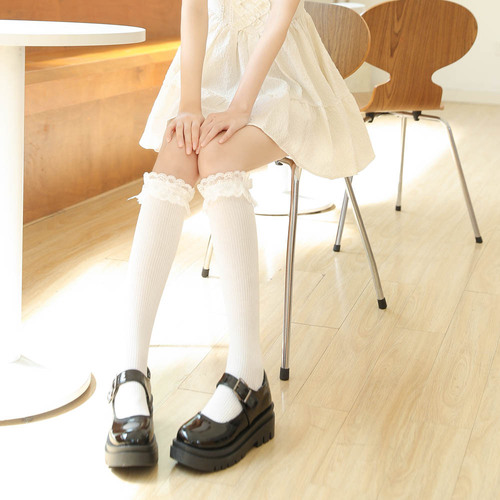 White lace lolita calf socks jk socks women's mid-calf long lace Japanese white cotton socks half-leg lolita