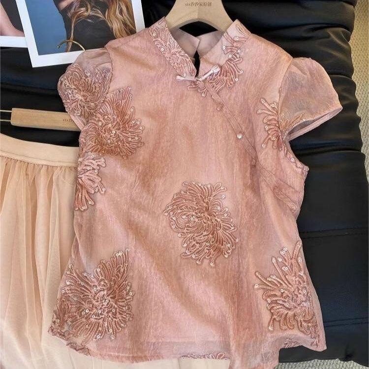 New Chinese-Style National Style with a High-End Feel, Youthful 2026 Summer Model, Elegant Lady Sequin Embroidered Short-Sleeve Top