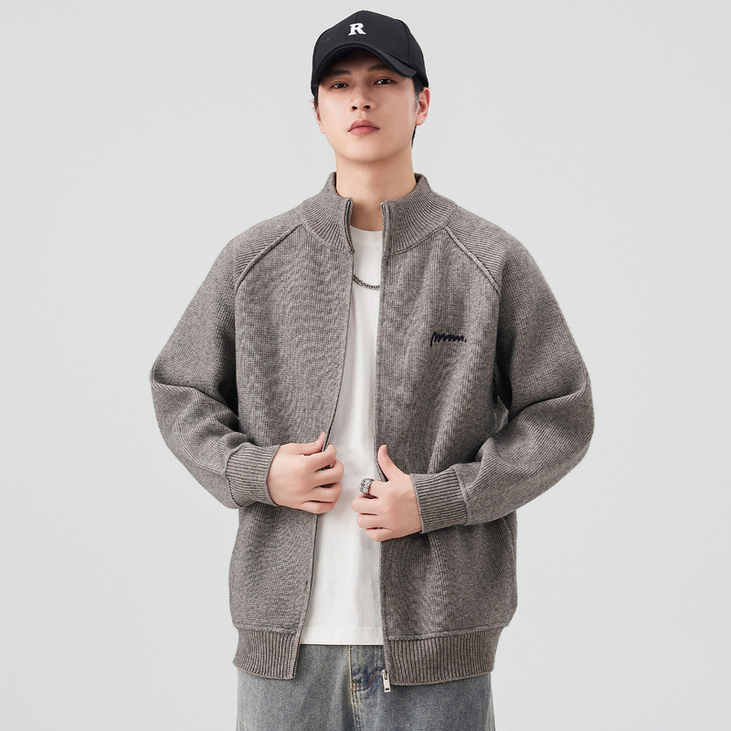 Men's Loose Stand Collar Zip-Up Cardigan Knitwear Embroidered Loose Sweater Jacket Sweater Top Trendy Wholesale