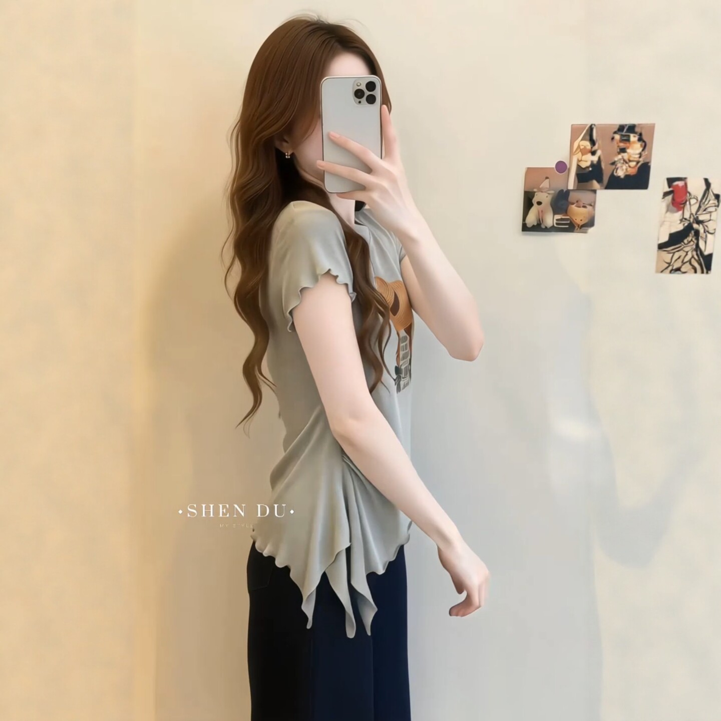Áo thun nữ tay ngắn cổ tròn thiết kế viền bèo nhún bất quy tắc — màu xám chi tiết 4