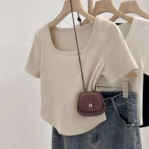 Thin Square Neck Short Sleeve Shirt Women's Summer Slim Fit Versatile Curved Hem Hot Girl Bottoming Top