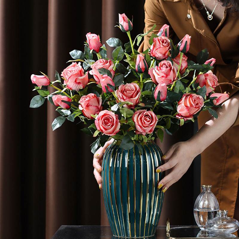 保加利亞粉色玫瑰花束單支仿真花客廳餐桌裝飾品假花拍照婚慶批發