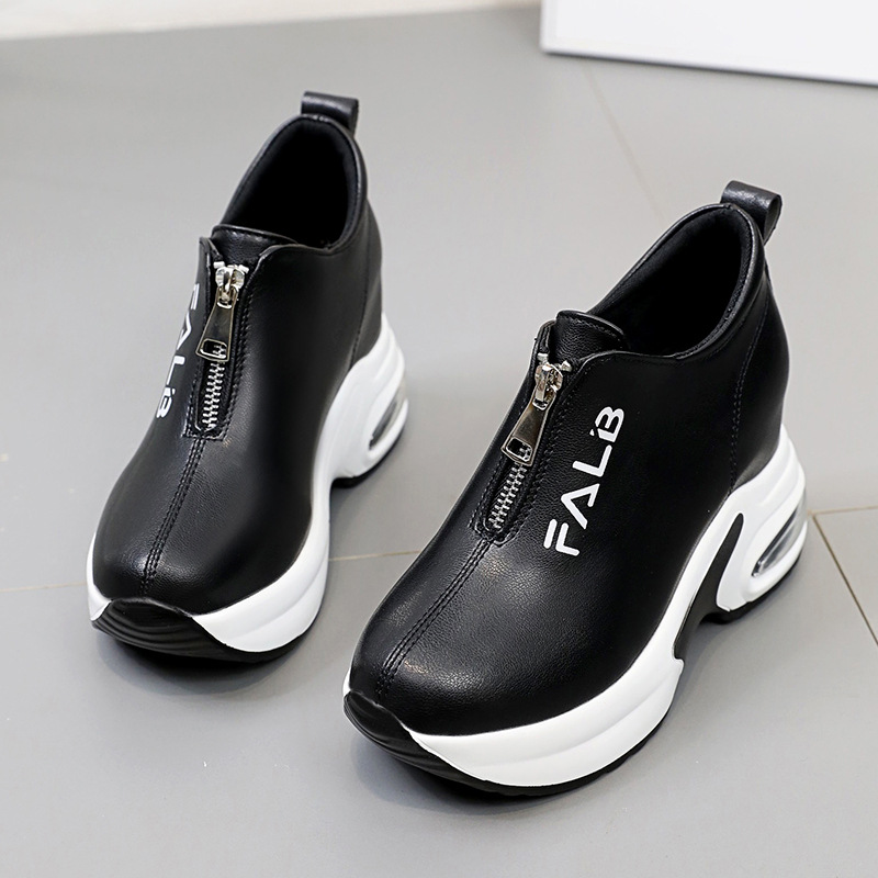 Small height increasing women's shoes cross-border fashion platform sports casual shoes air cushion leather front zipper spring single-layer shoes
