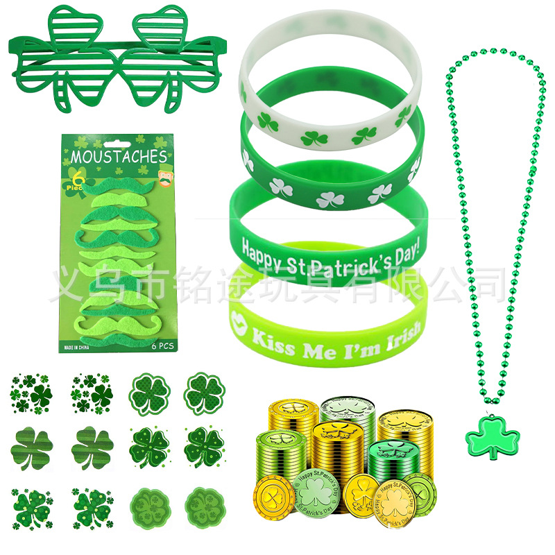 Amazon Día de San Patricio trébol collar gafas trébol irlandés moneda pegatina pulsera traje