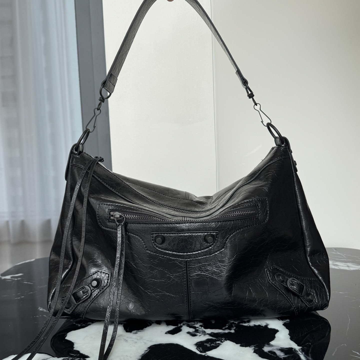 25新款牛皮moto油蜡机车包手提包单肩包通勤包极简风黑色银扣