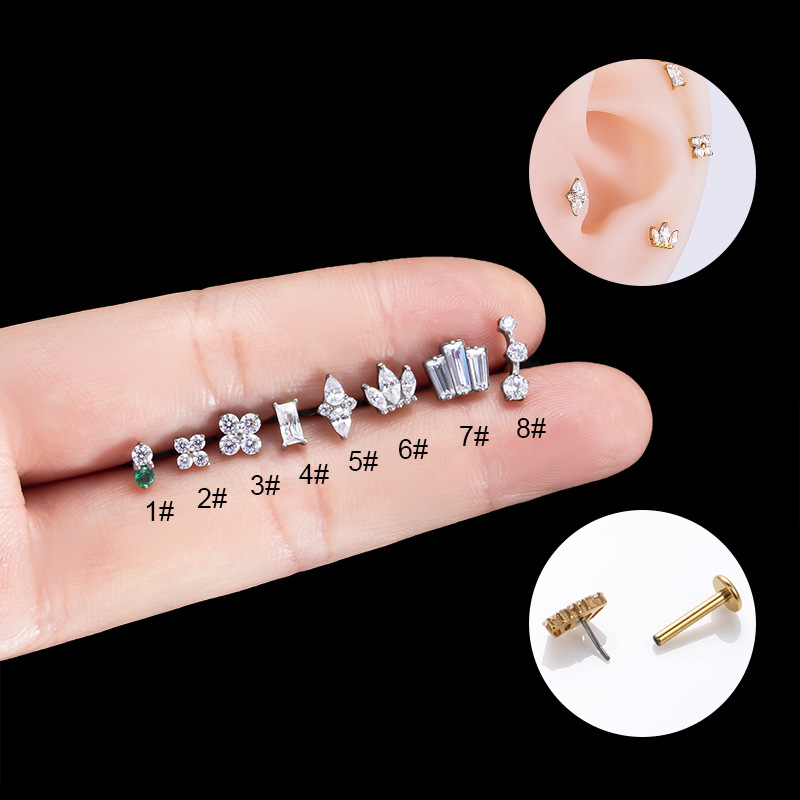 2PCS G23 Insertion Push Pin Lip Earbone Nail Zircon Flower Crown Fashion F136 Titanium Puncture Earrings_voghion.com