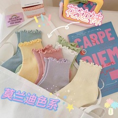 Ruffled-edge lace socks for women, short ins-style trendy summer version, thin and adorable Japanese Morandi-inspired design, perfect as mid-calf JK-style socks for summer.