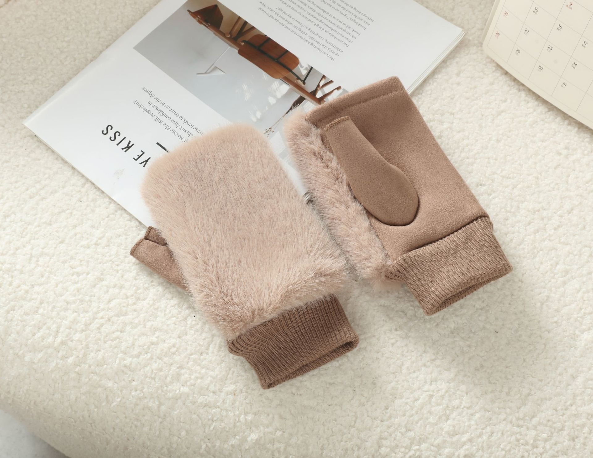 Invierno guantes de pelo de conejo de mitad de dedo femenino de peluche engrosado y veludo para montar calentado a prueba de frío de color sólido sin mangas de dedo