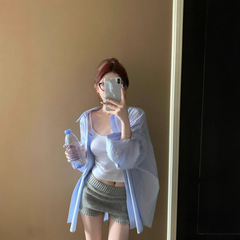 条纹度假休闲长袖衬衫女秋季慵懒风韩版宽松叠穿上衣防晒衬衣外套
