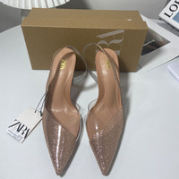 New pointed PVC spliced rhinestone embellished high-heeled shoes with shallow mouth and thin heel, with a strap at the back and exposed heel, women's sandals