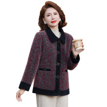 妈妈冬装格子仿水貂绒外套短款中老年女装秋冬棉衣洋气毛呢上衣