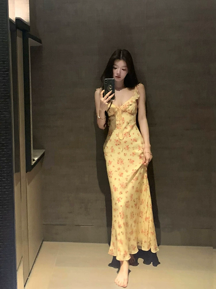 Французское ретро-платье без рукавов с цветочным принтом на подтяжках, женское новое летнее платье в курортном стиле, утягивающая юбка «рыбий хвост»