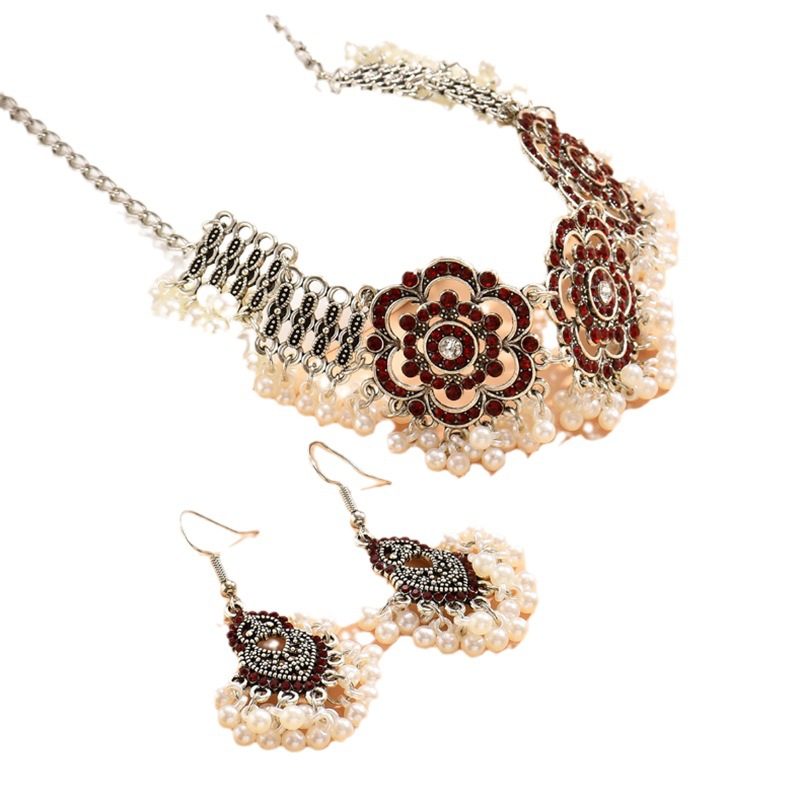 Estilo bohemio simple metal vintage rhinestone rosa perla de dos piezas collar pendientes combinación traje Mujer