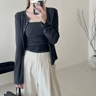 小个子秋季小吊带开衫两件套褶皱背心防晒外搭上衣慵懒风纯欲套装
