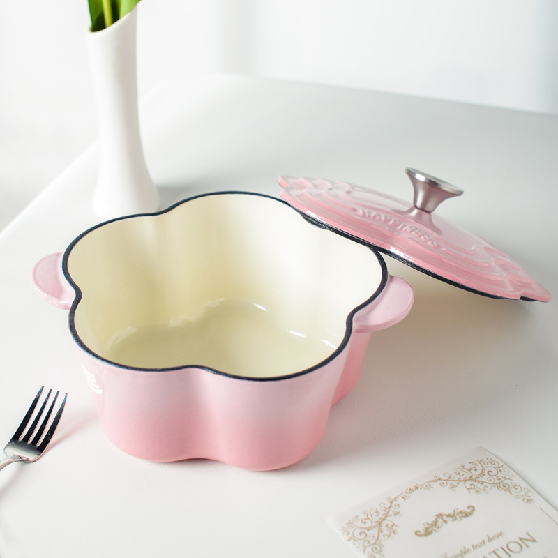 Pequeña Felicidad olla de esmalte de hierro fundido olla de sopa de pétalos esmalte engrosado olla de guiso pequeña olla de sopa doméstica olla antiadherente Cocina de Inducción