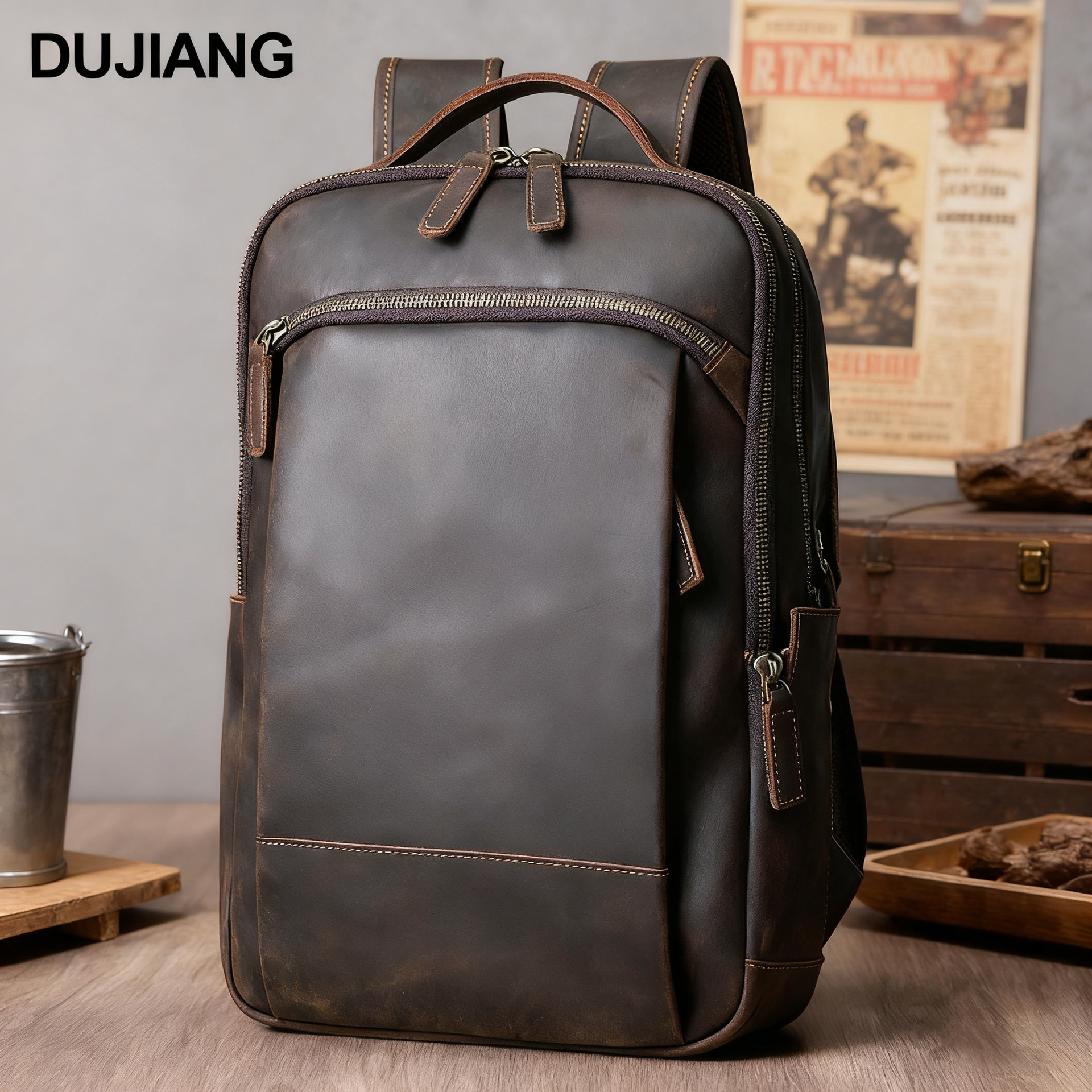 Retro Crazy Horse Leather Backpack First Layer Cowhide Backpack Men's Genuine Leather Computer Bag Large Capacity Outdoor Travel Backpack