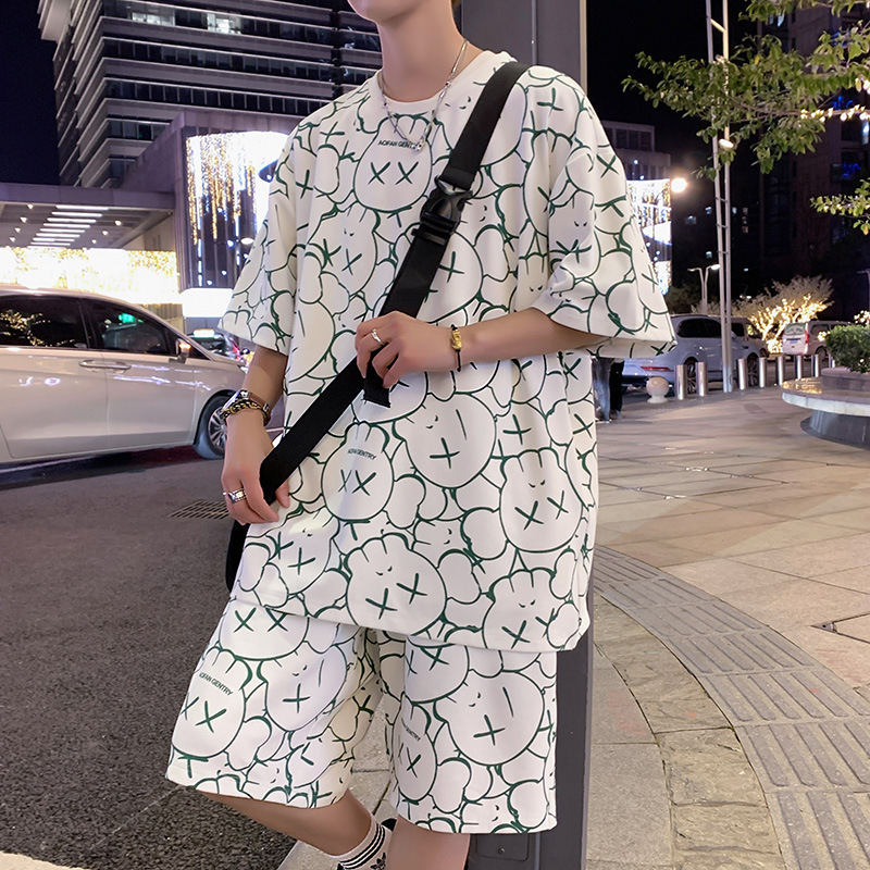 Ropa de pareja de verano de cuello redondo camiseta de manga corta para hombres dos pantalones cortos delgados se pueden usar ropa para el hogar 28013