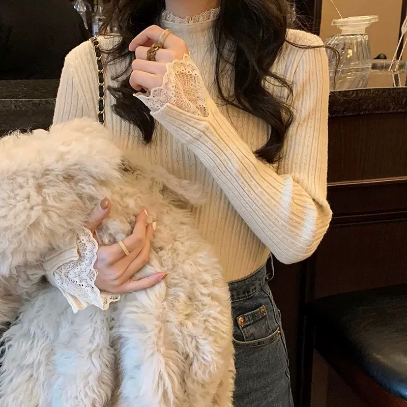 法式针织衫拼接蕾丝内搭女春季新款修身显瘦半高领毛衣打底衫上衣
