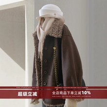 4U4U 深咖色两面穿PU皮外套女冬季新款韩系廓形皮毛一体棉服