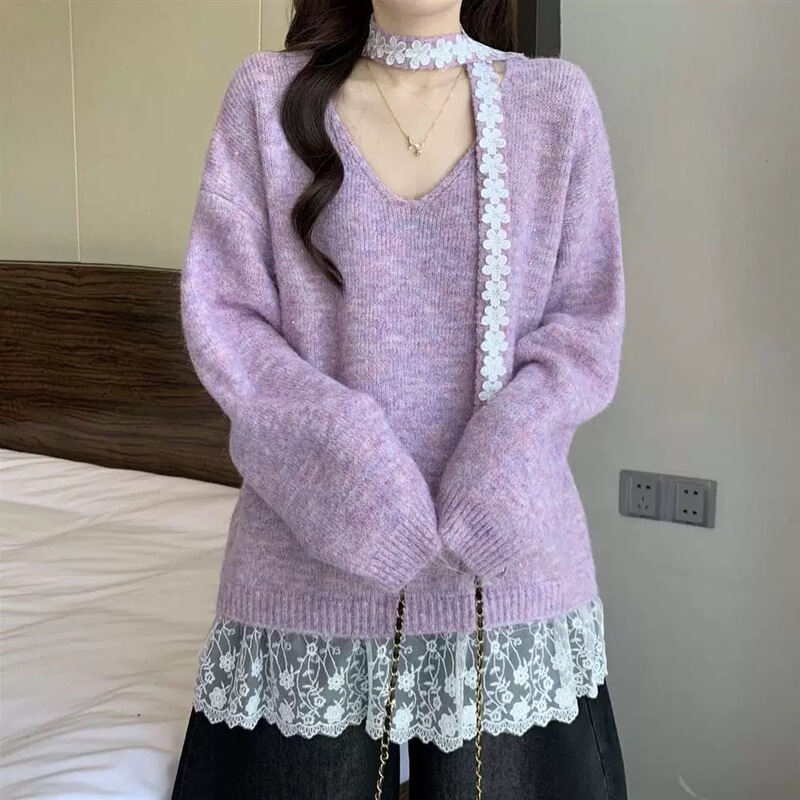 2025秋冬新款飘带蕾丝拼接V领套头毛衣女宽松甜美温柔针织衫上衣|undefined