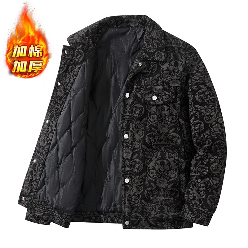Cross-border autumn/winter new collection: trendy corduroy men's jacket with a full-print design, fashionable and casual, with added padding for warmth