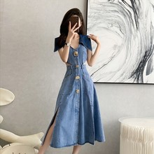 御姐范撞色大翻领收腰A字裙2025显瘦早秋连衣裙开衩牛仔长裙女