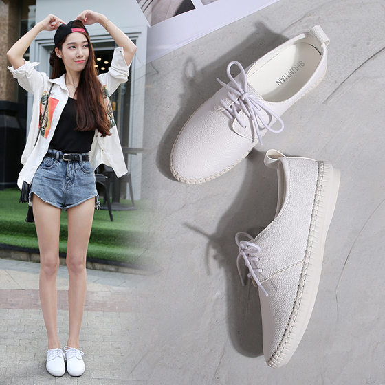 White Shoes Women's Lace-up 2025 New Summer Casual Flat Shoes Soft Sole Small Size 32 Size 33 Lazy One Pedal