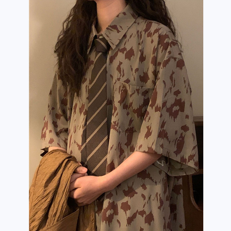 Korean Style New Retro Floral Short-Sleeved Shirt Women's Design Niche Hong Kong Style Versatile Tie Shirt Summer Jacket
