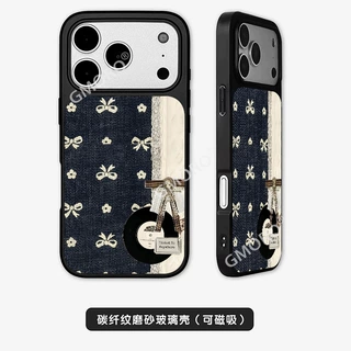 独立站牛仔底蝴蝶结复古拼贴女生手机壳iPhone18pm文艺风个性硬壳