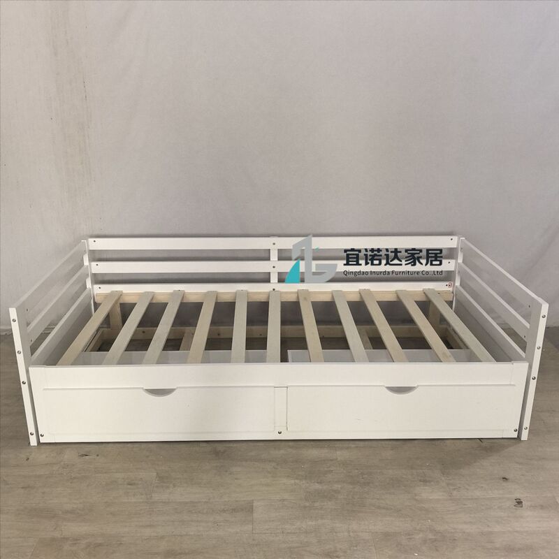 Pine Wood Adjustable Size Multifunctional Bed with Storage Drawer, Solid Wood Single and Double Push-Pull Wooden Bed