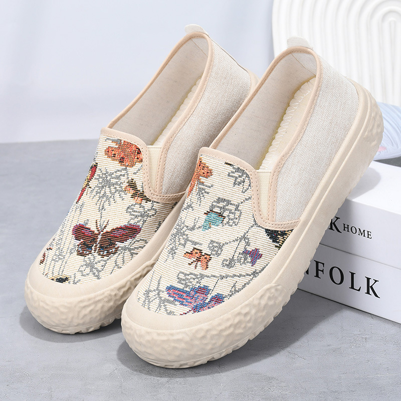 봄과 가을 오래 된 베이징 천 신발 여성 신발 패션 캐주얼 올 매치 캔버스 신발 소프트 하단 민족 스타일 슬립 온 플랫 슈즈