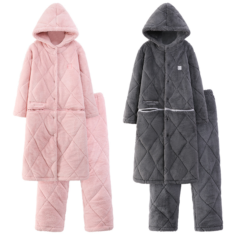 Super grueso chaqueta de algodón de tres capas, pijama de pareja de mujer, ropa de hogar de hombre, otoño y invierno, terciopelo de coral, calentamiento más grueso