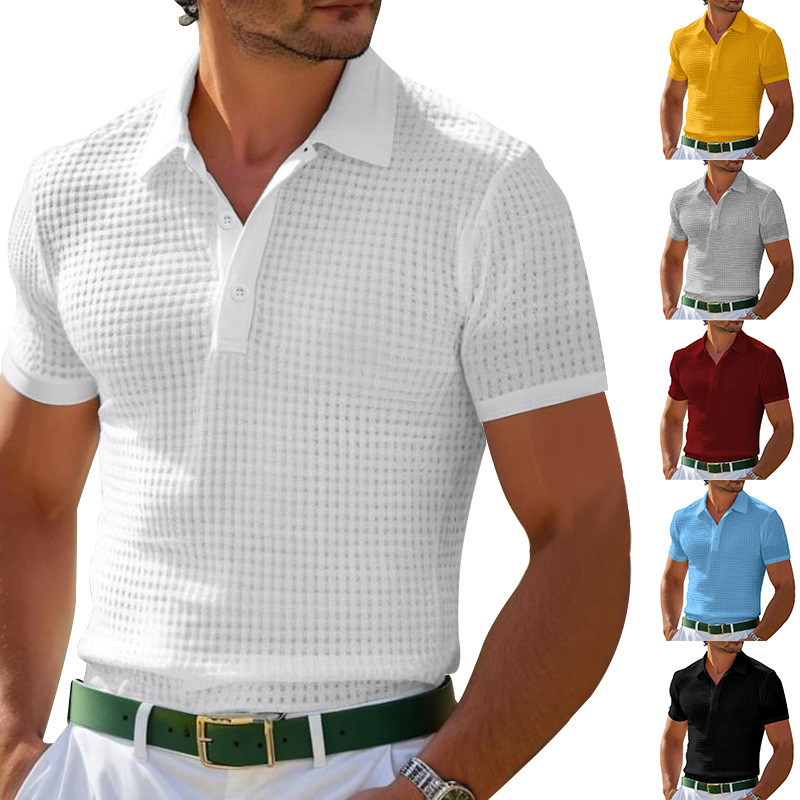 Cross-Border 2025 Summer Amazon Men's T-Shirt with Collar, Button-Down, Waffle Knit Casual Polo Shirt, Base Layer Shirt for Men