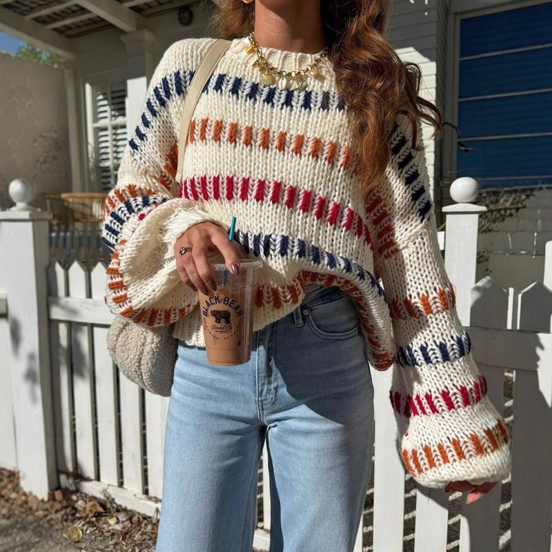 European and American Cross-Border 2025 Autumn and Winter New Casual Fashion Retro Color-Blocked Thick Knitted Loose Bat-Sleeve Sweater