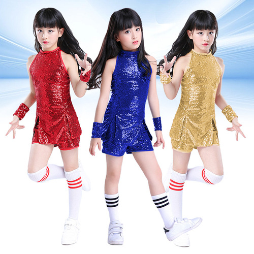 Children's red pink silver sequins Street hiphop Dance costumes girls cheerleading Jazz Dance Clothing Rapper singers gogo dancers Performance outfits