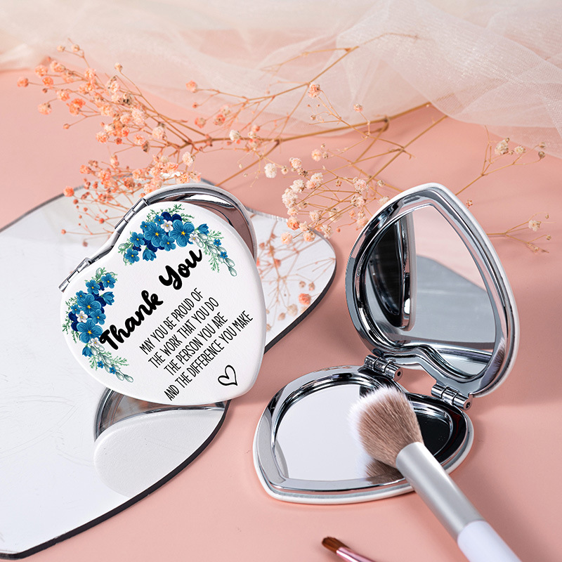 Espejo portátil con funda de PU en forma de corazón, estilo ins